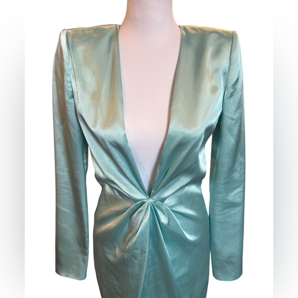 Gauge81 Mint Satin Plunge Twist Front Dress Long Sleeve Cocktail Dress S